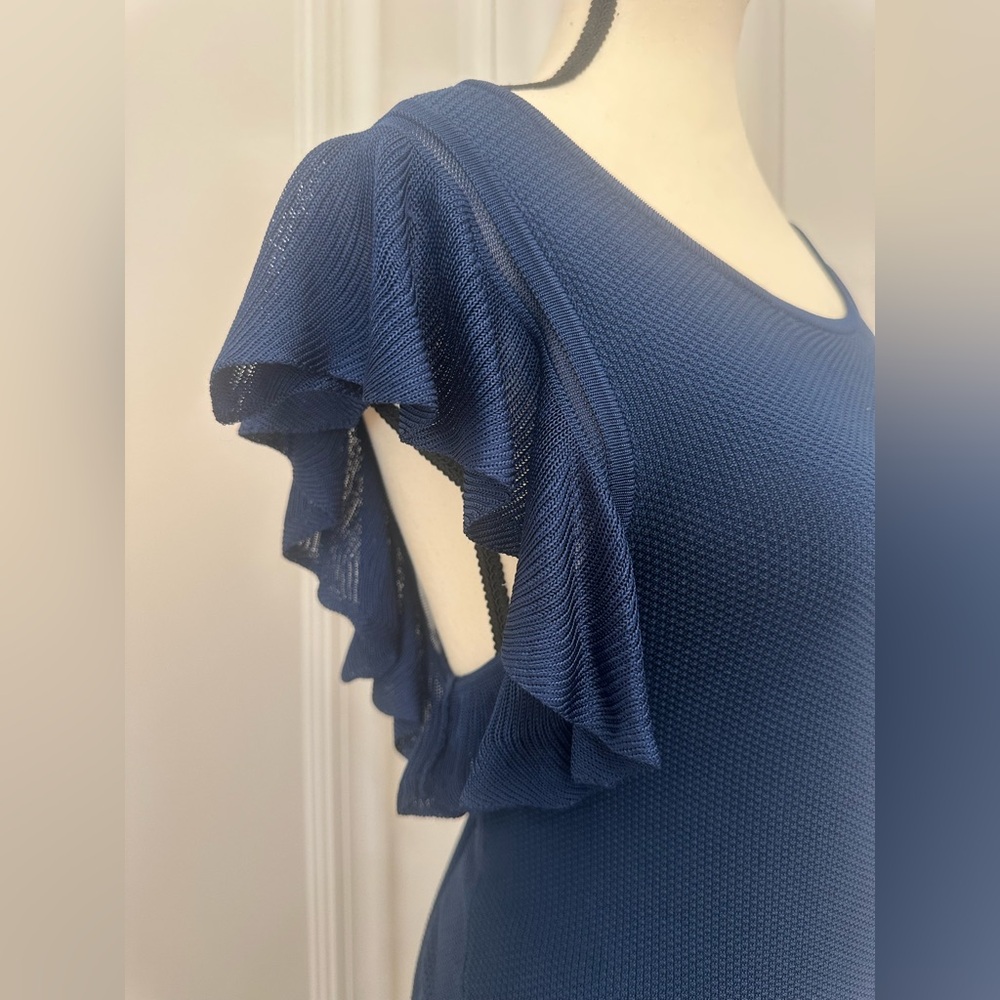 Sandro Midnight Blue Co-Ord Set- Ruffle Shirt Knee Length Fit Flare Skirt- Large - Picture 5 of 9